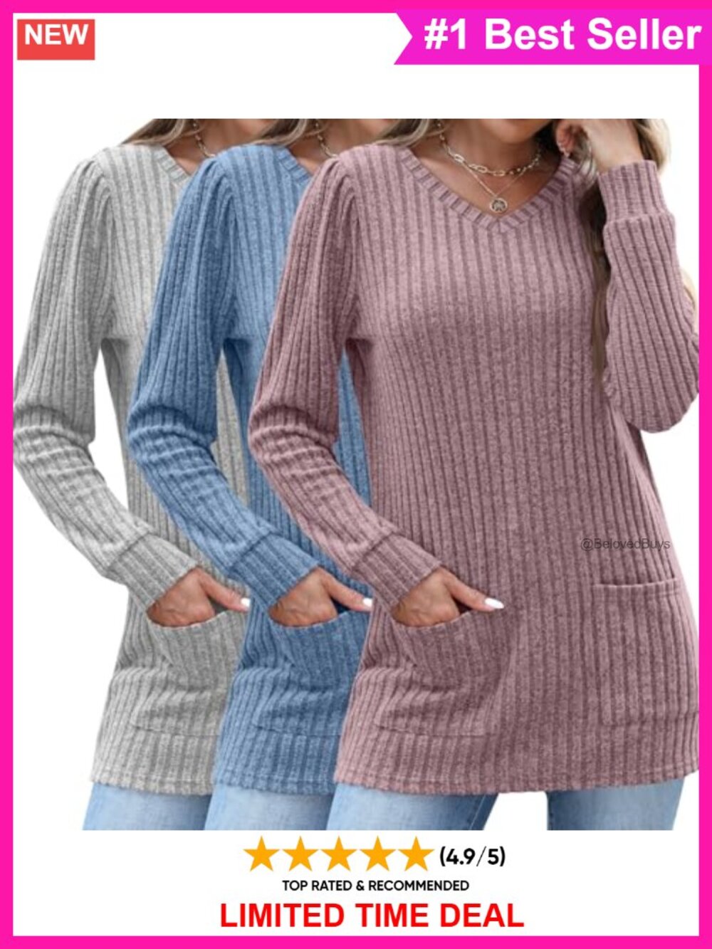 Womens 3 Pack Long Tunic Sweaters V-Neck Pullover with Pockets Loose Fit